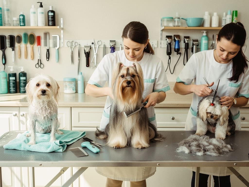 Tre momenti di toelettatura canina in un salone professionale